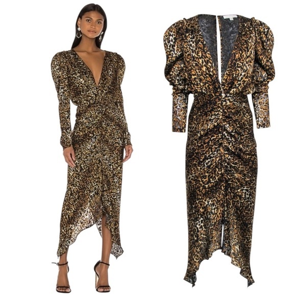 Ronny Kobo Collection Dresses & Skirts - Ronny Kobo Astrid Leopard Print Long Sleeve Plunge Neck Dress SZ M LIKE NEW